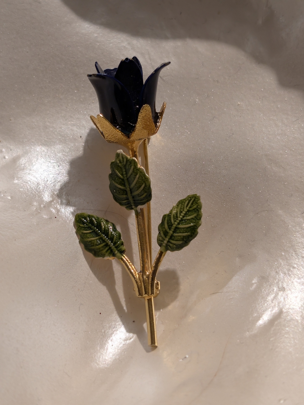 Vintage Gold and Navy Rose Brooch with Green Leaves